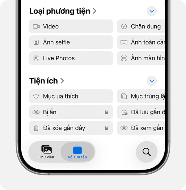 Album Bị ẩn được đánh dấu trong mục Tiện ích.
